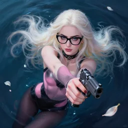 beautiful + blonde + dragon queen + white hair + cool black glasses + holding pistol + tights + lily collins + black pink, floating under the deep dream water, beautiful smooth soft light + white petal, oil paint, cinematic lighting, octane render, unreal engine 5, closeup, 4 k, highly detailed, instagram,
