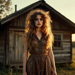 a beautiful but creepy young woman with wild, untamed hair is standing in a cabin in the 1 9 7 0 s, she is undead, seventies, golden hour, painterly, offset printing technique, by alexandre cabanel, if you see her you die in seven days