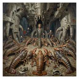 painting of varied filthy rugated armored crustaceans clawing & terrified as massive brutalist structure, claustrophobic drag race, clustered by vincente b ballestar, by francesco blanc, & by jack gaughan high resolution, hyper detailed, cinematic, ornate masterpiece, shot on imax with full frame on signature prime lens