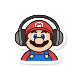 svg sticker, centered, round-cropped, white-space-surrounding, SuperMario listening to headphones, flat colors, vector art