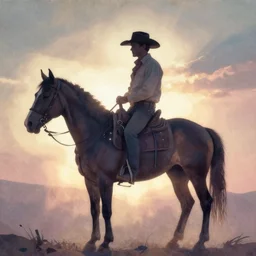 siluette of a cowboy outlaw sitting on a horse. serigraph. screen - printed. sun - bleached highlights. sanded surface in soft colors