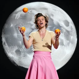 harry styles on the moon juggling oranges with a pink skirt