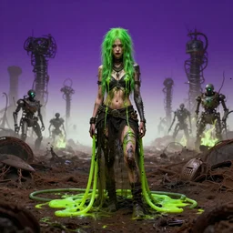 highly detailed portrait of a lonely wasteland punk long dripping green poison hair tribal lady, stray neon green sludge hoses by atey ghailan, james gilleard, by joe fenton, by greg rutkowski, by greg tocchini, by kaethe butcher, 4 k resolution, gradient purple, brown black and white color scheme!!! ( ( green flaming robotic sewer background ) )