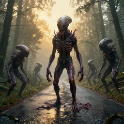unknown menacing slimy wet nightmarish!!! hellish!!! visceral!!! alien!!! creatures, forested windy hilly paved road, fog, rain, volumetric lighting, beautiful, golden hour, sharp focus, ultra detailed, cgsociety