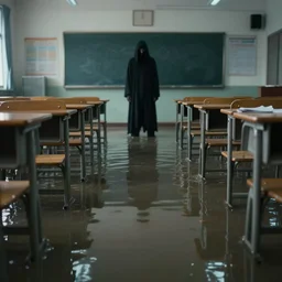 photo of a classroom, the floor is flooded with one meter deep water. a mysterious dark figure looks menacingly in the distance. eerie