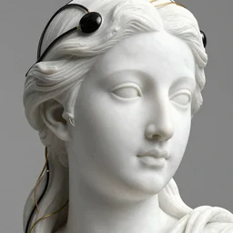 smooth white marble statue face of gorgeous woman, black onyx details, black and gold wires, hyper realistic render, super detailed, photo quality, octane render, corona render