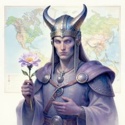 opalescent retrofuturistic digital airbrush illustration of a viking wearing an ornate gpu headpiece and holding a flower with a map of the collective subconscious in the background by luigi patrignani
