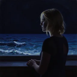 silhouette of a Elle Fanning gazing at the ocean, pitch black room, extremely detailed realist masterpiece, oil on canvas, low-key neon lighting, artstation, Blade Runner 2049, Roger Deakin’s cinematography, by Stephen Bauman,