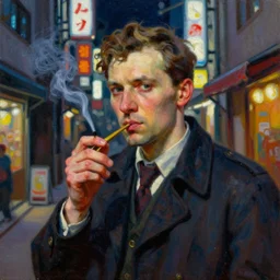 realistic portrait painting of man smoking in colorful tokyo alley at night in the style of soviet realism, ilya repin