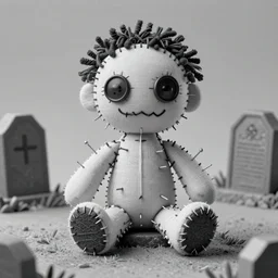 scary voodoo doll with button eyes and tick thread stitching with pins in body sitting on a grave in New Orleans, as drawn by Mark Zug and Steve Ditko