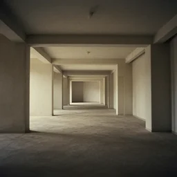 noisy color photograph of a liminal space in the style of brutalism, wise hallways with high ceilings, minimalist, oddly familiar, cinematic, dramatic lighting, soft vintage glow