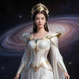 portrait of the powerful empress of the solar system in the style of wenjun lin. glowing, ornate and intricate linework, stunning, dynamic lighting, ultrafine and hyperdetailed.