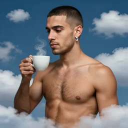 portrait of a ( ( ( un cafe ) ) ), ( ( bellaco guapo joven boricua pelo buzzed wifebeater blanca pecho peludo y con un arete de diamante ) ), nubes y magia, concept character, by cadmus and delempicka and rutowski and mucha and bierstadt and remington, trending on artstation