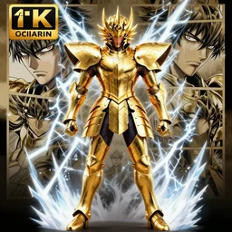 masami kurumada and callarin, octane render, a detailed description of gold saint, grim expression, full body gold armor, centered composition, lightning + frost elements, japanese manga, manga poster, fine work, 8 k, hd, unreal engine