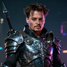 johnny depp portrait, dystopia core, apocalyptic, armor, warrior, dramatic, sharp focus, fiction, neon, fantasy, hyper detailed, digital art, trending in artstation, cinematic lighting, studio quality, smooth render, unreal engine 5 rendered, octane rendered, art style and nixeu and wlop and krenz cushart