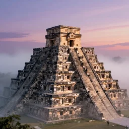 a highly detailed photo of a aztec castle surrounded by a mist shot during twilight on 3 0 mm film painted by alena aenami, rendered in unreal engine