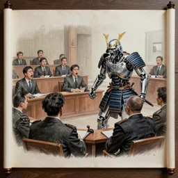 highly detailed realistic Courtroom style sketch of The Hague members yelling at a cyborg samurai, fear and anger in their eyes, award winning , masterpiece on a scroll , post-processing