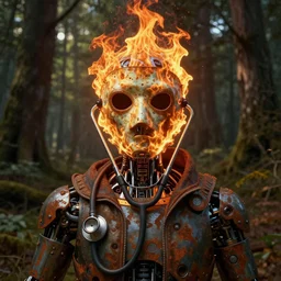 An album cover, fire, mask, stethoscope, 3d render, ((robot)), (unreal engine), (rust), photograph, portrait, painting, (((forest)))