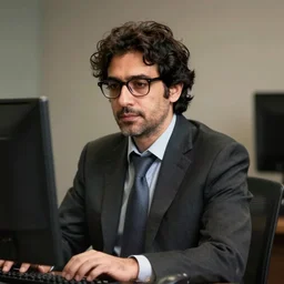 photographic portrait of an Italian man, 40 years old, dark wavy hair, glasses, stubble, wearing a suit and tie, working at a computer