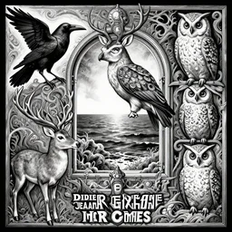 psychedelic, monochrome artwork!!, raven, deer, owl, window to the ocean, typography, hr giger, didier comes, james jean, andreas rocha,