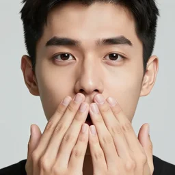 man holding his hands on mouth, photorealistic, lifelike, OLED, DSLR HDR 8k, face is the focus, facial feature symmetry, hyper composed, deviantart,