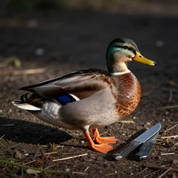 a duck on land with knives, photograph, realistic, shallow depth of field, high - resolution