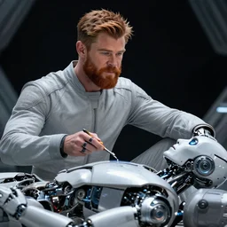 cinematic portrait of chris hemsworth with big ginger beard in light grey futuristic jumpsuit looking at lying android robot, screwdriver in hand, dark space station at background, high detail, 8 k, sharp focus, movie still, dramatic lighting, ray tracing, smooth, lane brown, finnstark, oleg bulakh, diego fazio, mike dargas, emanuele dascanio, felix englund
