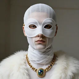 a futuristic man portrait by mask made of wires and white gauzes and white fur, necklace made by gauzes twisted around neck, design by leonardo davinci, inspired by egon schiele, gucci, modern art, baroque art jewelry, new classic, fashion design, photorealistic, hyper realistic, cinematic composition, cinematic lighting, fashion design, concept art, 8 k