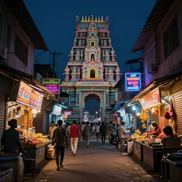 hyper realistic indian slum with hindu kovil slum street with shops with neon sign in night, photorealism, unreal engine, 8 k, volumetric lighting, beeple style