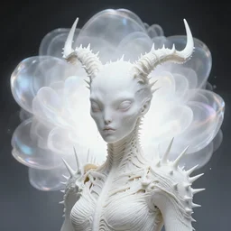 surreal baroque portrait of ribbed white alien queen covered with spinal spiky antlers, on white exoplanet, iredescent soft glow bloom effect, dream - like, baroque portrait painting, perfect composition, beautiful detailed intricate detailed octane render, artstation, 8 k, photorealistic, volumetric cinematic light, chiaroscuro, masterpiece, raphael, caravaggio, beksinski, giger