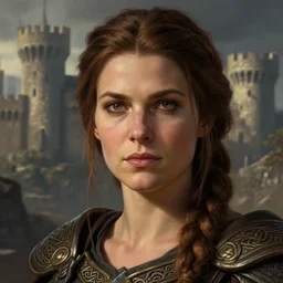 closeup portrait of an artificer, dungeons and dragons character, dramatic lighting, female warrior, brown hair, celtic braid, castle background, gorgeous view, realistic, high detail, digital art, painted by greg rutkowski, painted by jeremy mann, painted by alphonse mucha, trending on artstation