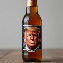 a beer bottle with trumps face on its logo, hyper realistic, highly detailed.