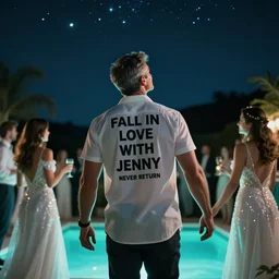 at night, in the middle of a party, the back of an athletic handsome graying man carrying a white shirt with the mention FALL IN LOVE WITH JENNY NEVER RETURN, he's looking up a beautiful night sky full of stars, his silhouette glowing with the teal  light from the pool, he is holding the hand of beautiful woman in a wedding dress. stylised highly detailed, artstation, colourful, strong