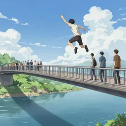 man jumping off a bridge, extremely detailed, sharp focus, wide view, full body shot, smooth, digital illustration, by james jean, by rossdraws, frank franzzeta, mcbess, sakimichan, brosmind, steve simpson