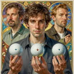 hyperdetailed portrait of a man choosing between 3 magical golf balls. highly detailed portrait, digital painting, sharp focus illustration, artstation hq. intricate, greg rutkowski, alphonse mucha, medium shot. dan mumford andrei riabovitchev, marc simonetti, yoshitaka amano