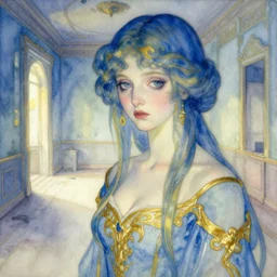 close up of a girl in a blue and gold haunted liminal abandoned room, watercolor by canova, by hammershøi, art noveau, highly detailed, lights by edward hopper, liminal, eerie, bright pastel colors