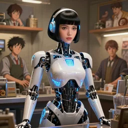 cybertronic mechanoid led fembot. highly detailed portrait of a black haired julie benz as a robotic shopkeep with a retro hairstyle. screenshot from hbo westworld, norman rockwell, stephen bliss, 8 k, art by greg rutkowski, katsura masakazu, makoto shinkai, satoshi kon, global radiant illumination, detailed and intricate environment