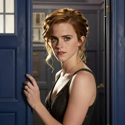 Emma Watson stepping into the TARDIS from Doctor Who
