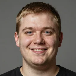 tall chunky man in his twenties with brown blond short regular haircut and round facial structure with cleft chin, straight eyebrows, big grey blue eyes, grinning, slightly set back jaw, cheekbones, straight nose, wider face, shadow of beard, atmospheric lighting, painted, intricate, 4 k, highly detailed by charlie bowater