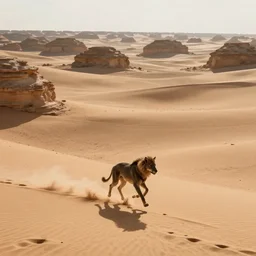 beast running across the open desert, empty desert, sand, karst landscape, wide shot, concept art by thomas kinkade