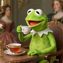 kermit the frog drinking tea with high society as a renaissance painting, snob, nobility, high definition, detailed, clean