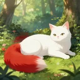 white cat with fluffy red tail like fox back lying at sunny forest, high detailed, anime illustration, fantasy, uhd, ray tracing
