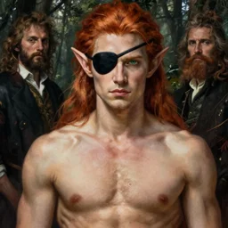 full body sexy elven man with long red hair and green eyes wearing eye patch over one eye in dusky forest by edgar maxence and caravaggio and michael whelan and delacroix style, artistic, intricate drawing, light brazen, realistic fantasy, extremely detailed and beautiful aesthetic face, 8 k resolution, dramatic lighting