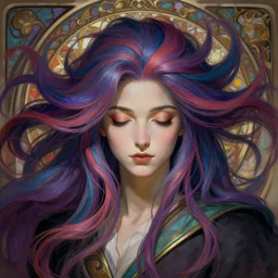 overlord, psychedelic flowing hair, close eyes, portrait, highly detailed, deep focus, elegant, digital painting, smooth, sharp focus, illustration, ultra realistic, 8 k, art by artgerm and alphonse mucha and edgar maxence