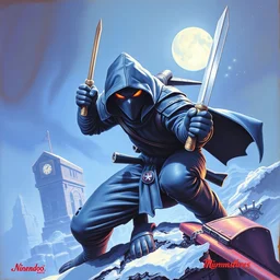 1 9 8 9 nes commodore 6 4 box art. raven ninja. cozy. character class. drew struzan. keith parkinson. oil on canvas