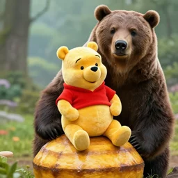 xi jinping dressed as winnie the poo, sits on a giant beehive, a huge grizzly bear can be seen behind him