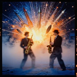 kodak portra 4 0 0, wetplate, vivid, blueberry orange, jazz, christalized, 1 9 1 0 s style, motion blur, portrait photo of a backdrop, explosions, rockets, bombs, sparkling, glitter, snow, fog, by georges melies and by britt marling
