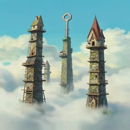 a wholesome animation key shot, thin wizard towers of ancient masonry scaffolding, makeshift houses, rise above clouds, studio ghibli, pixar and disney animation, sharp, disney concept art watercolor illustration by mandy jurgens and alphonse mucha and alena aenami, cold color palate, bloom, dramatic lighting