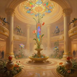 a minimalist oil painting by donato giancola, warm coloured, cinematic scifi luxurious futuristic foggy steam filled victorian garden circular shopping mall interior with digital stained glass flowers growing out of pretty bulbous ceramic fountains, gigantic pillars and flowers, maschinen krieger, beeple, star trek, star wars, ilm, star citizen, mass effect, artstation, atmospheric perspective