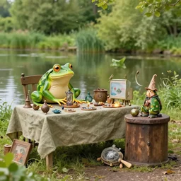 frog wizard selling magical wares on a stand next to a pond by achenbach, andreas